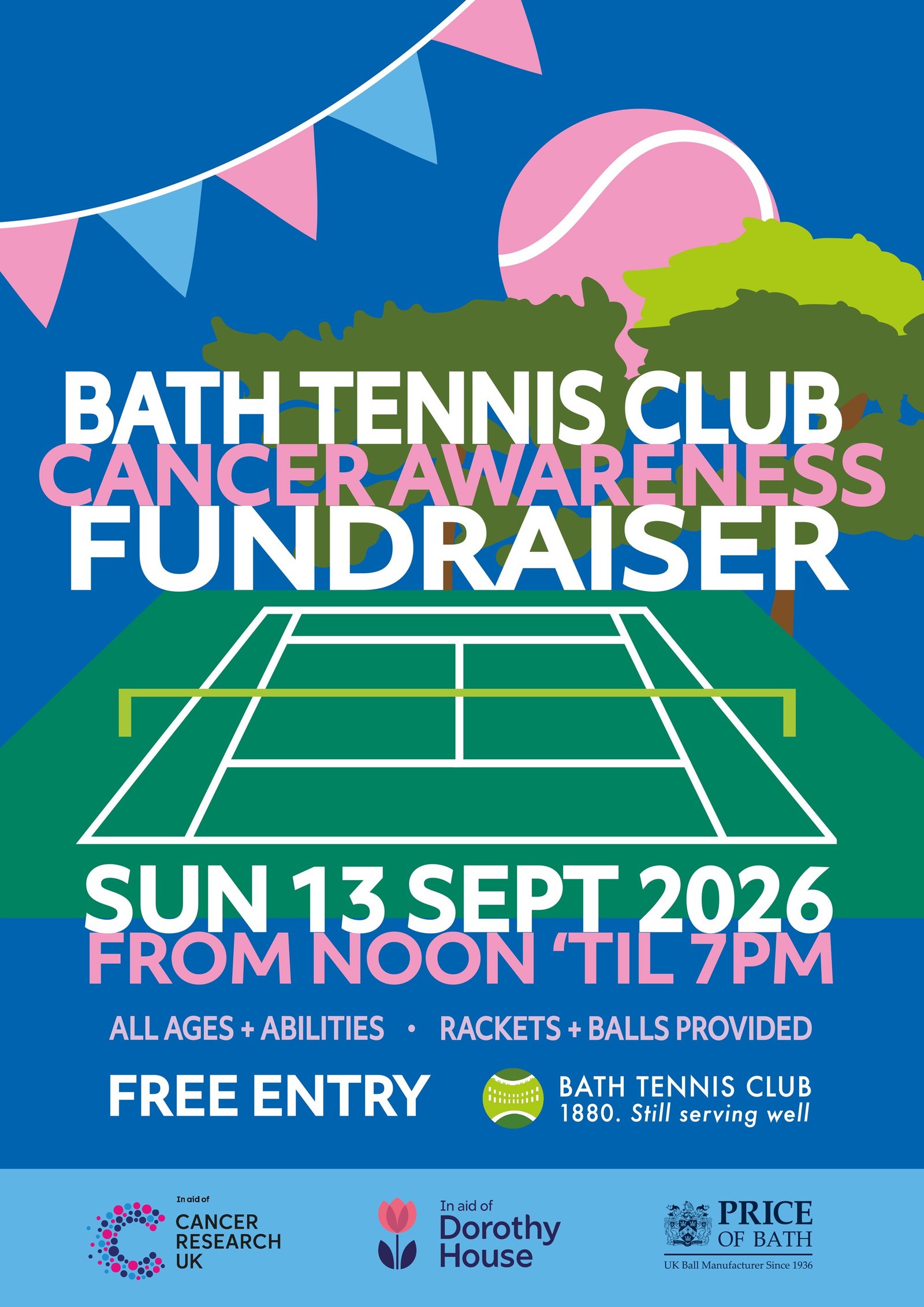 Join us on Sunday 13th September 2026 from 12pm to 7pm at Bath Tennis Club for our Cancer Awareness Fundraiser. It’s completely free for all ages and abilities.